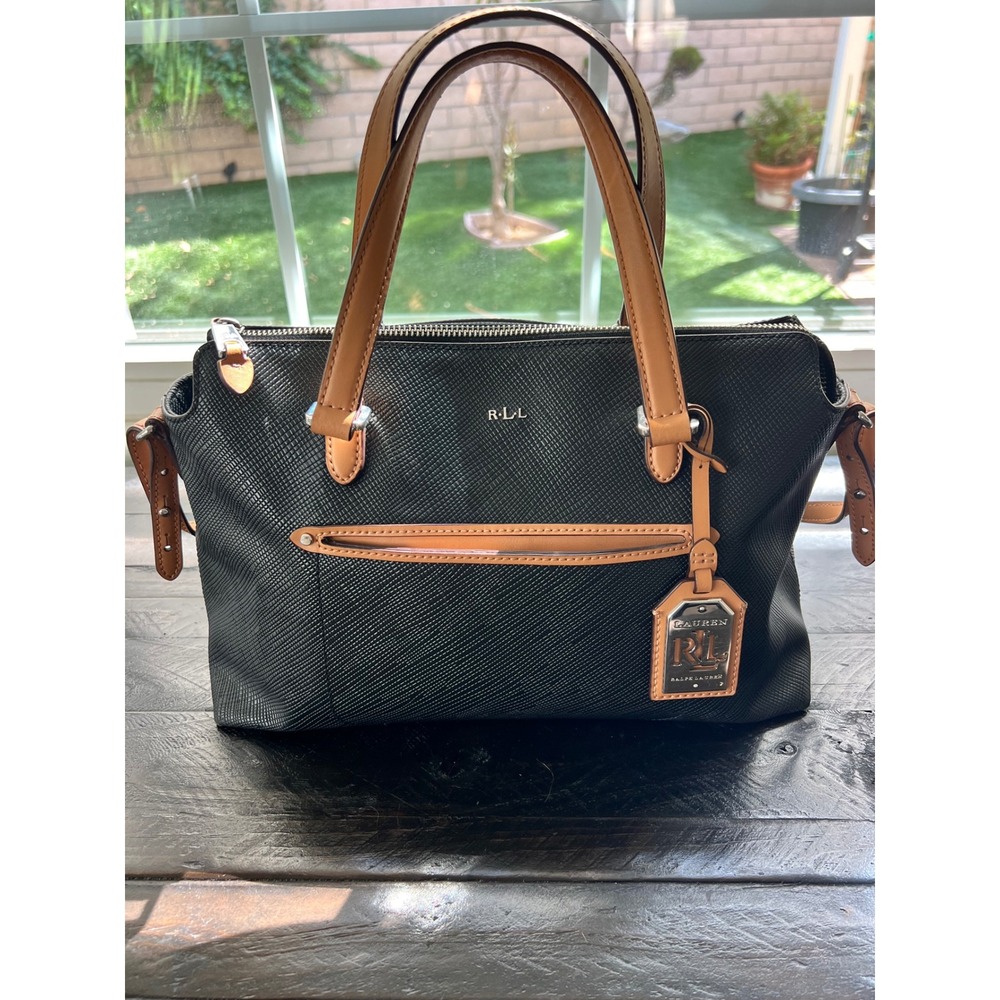 Preppy Lauren Ralph Lauren Black Textured Leather Satchel Crossbody Bag Tan Trim